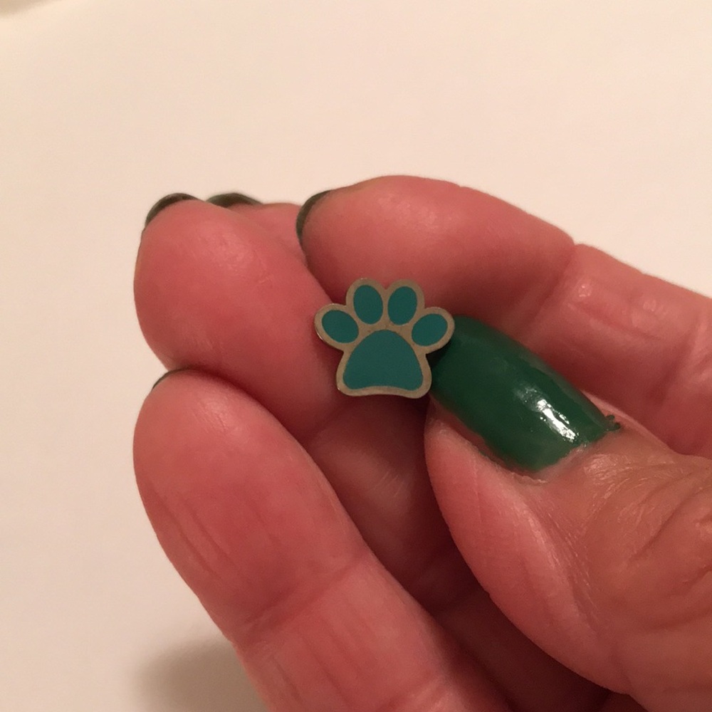 Teal Paw Print Stud Earrings - Silver Trim - Picture 2 of 6